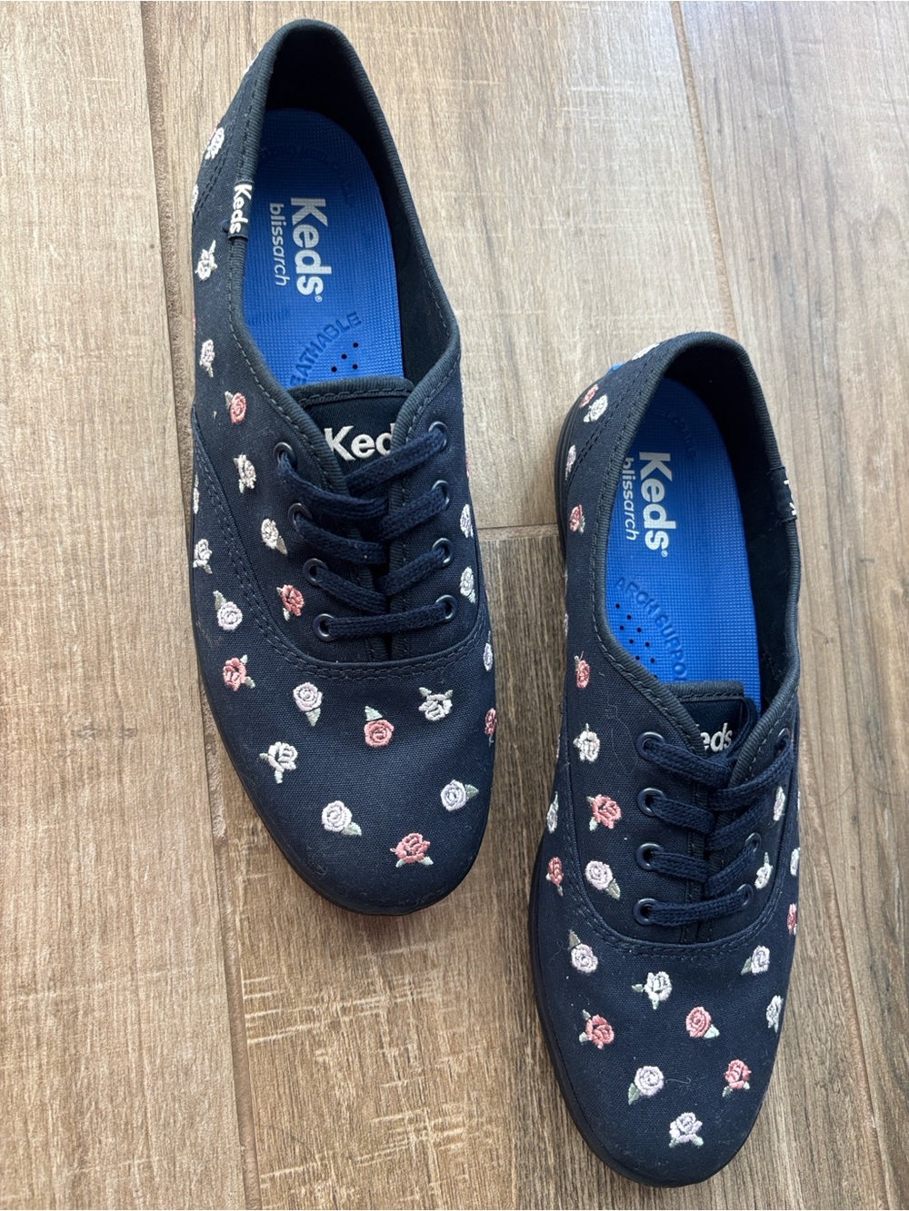 Keds Kids Black Canvas Sneakers with Pink & White Rose Embroidery